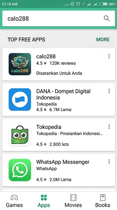 Tampilan katalog aplikasi calo288